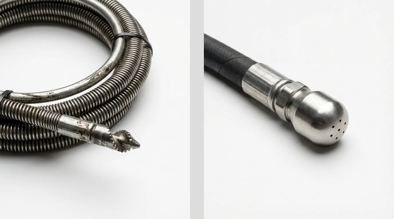 Drain snake cable and hydro jetting nozzle used for drain cleaning in Orange, NJ