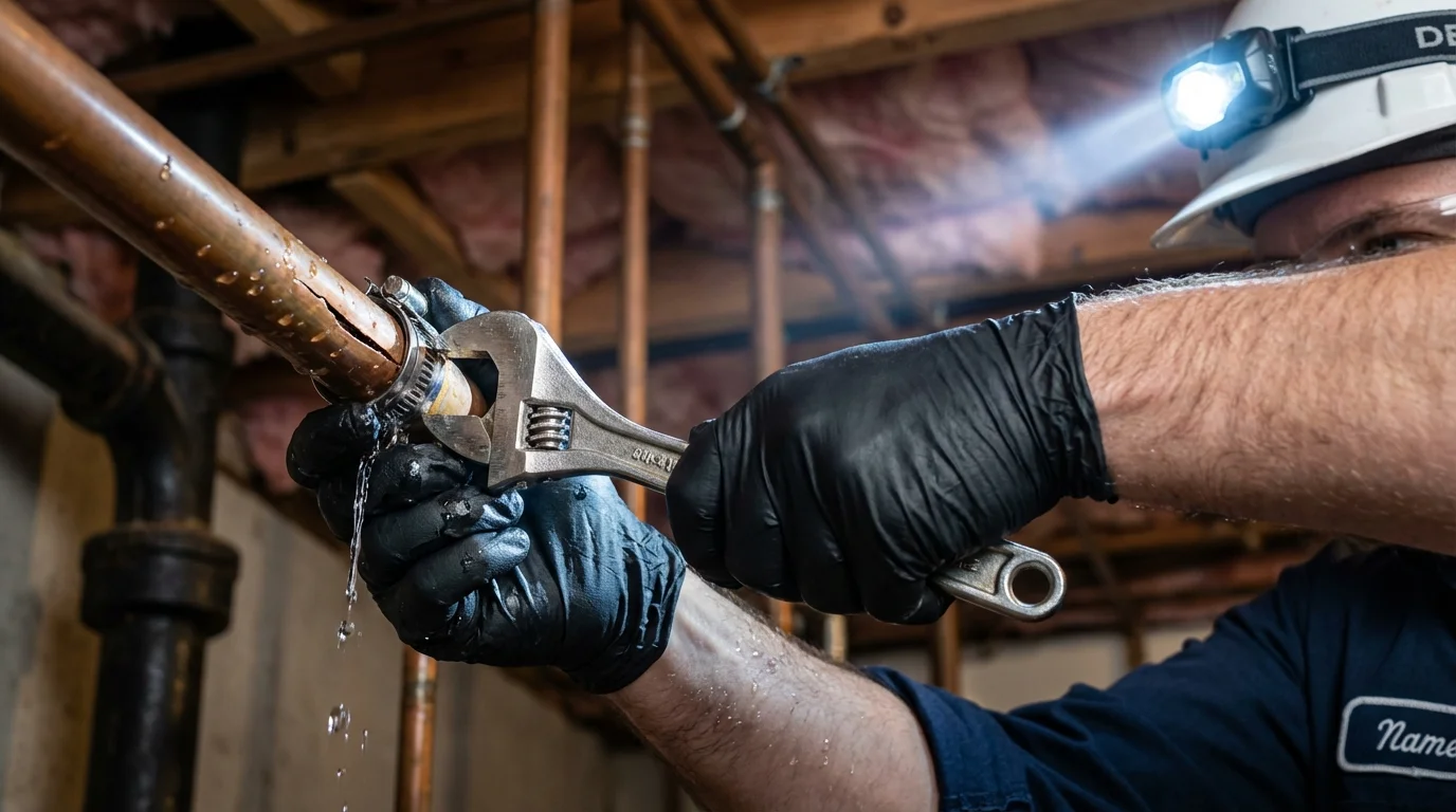 Emergency pipe clamp repair being performed by a Johns Plumbing LLC plumber in Orange
