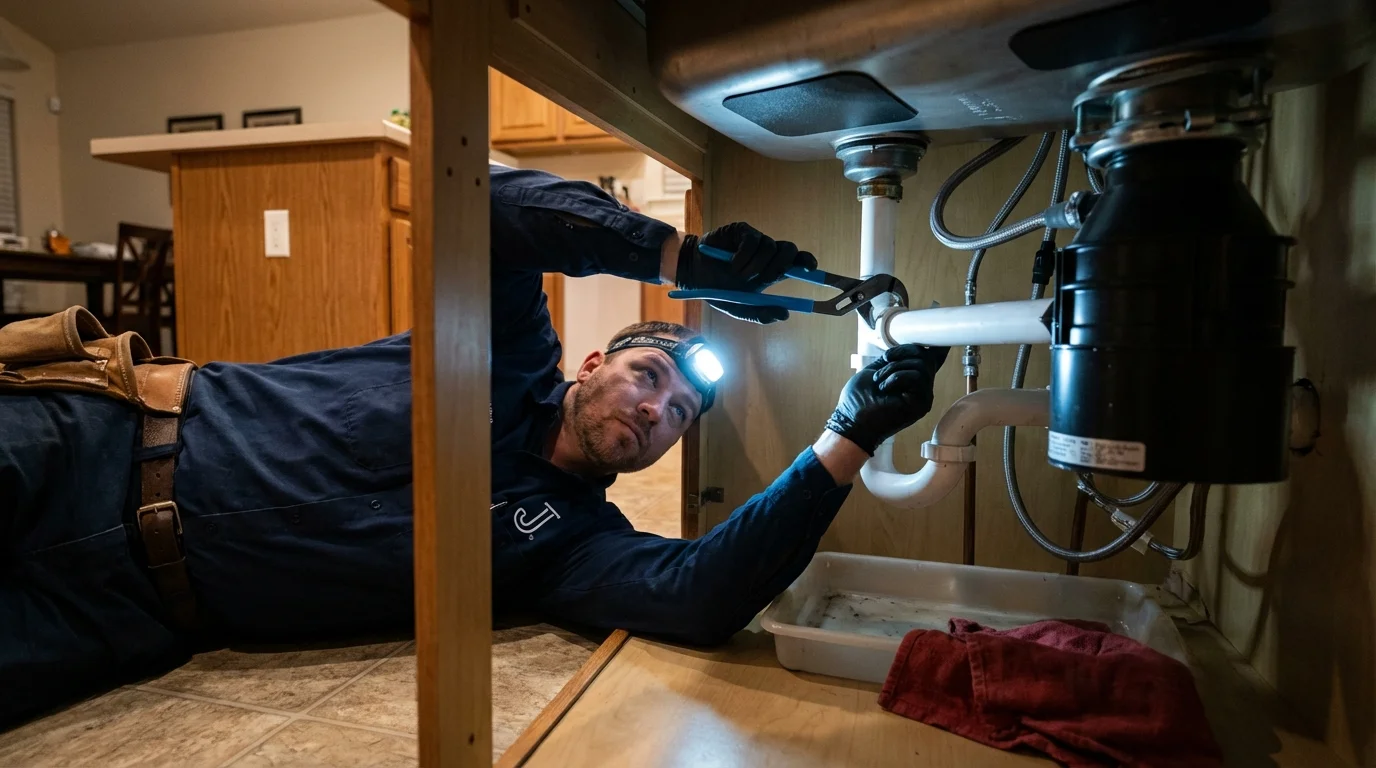 P-trap and supply line connections under a kitchen sink showing a common leak point in Orange, NJ